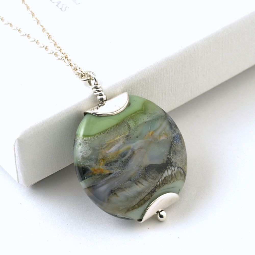 Greenstone Lampwork Glass Pendant Necklace