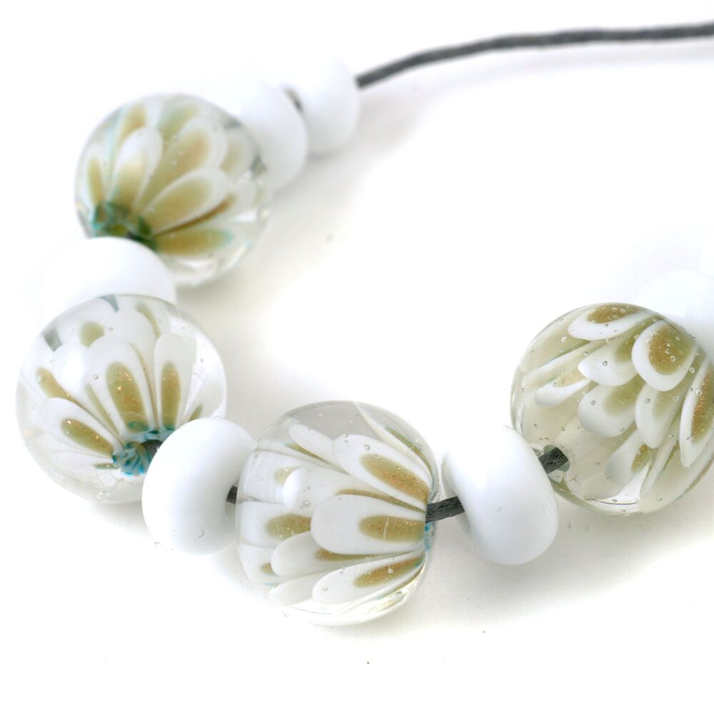 Handmade Lampwork Petal Beads in White and Pale Gold