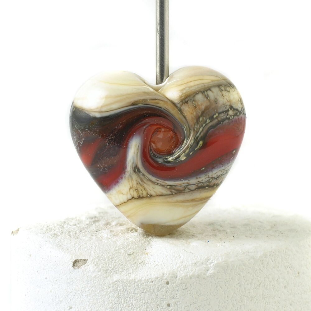 Ivory Red Heart Lampwork Glass Focal Bead
