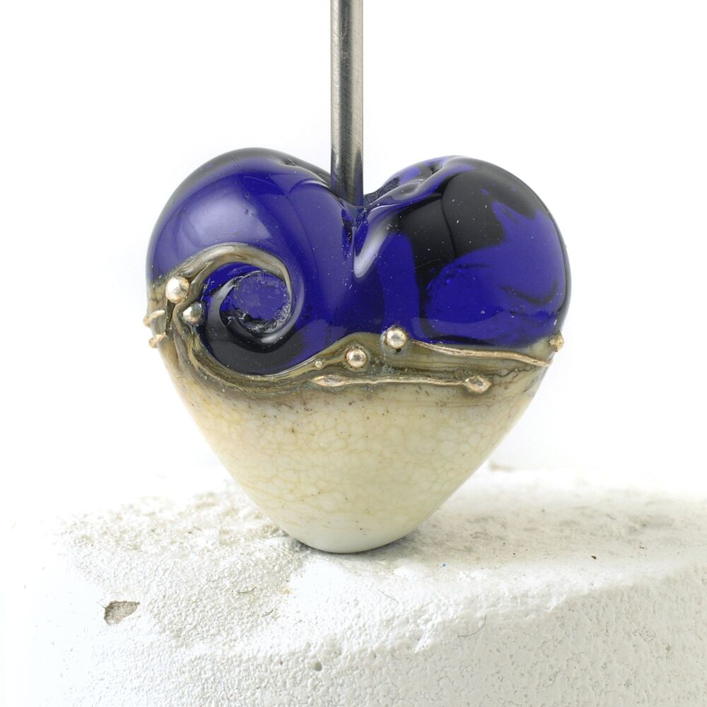 Silvered Cobalt Blue Lampwork Glass Heart Focal Bead