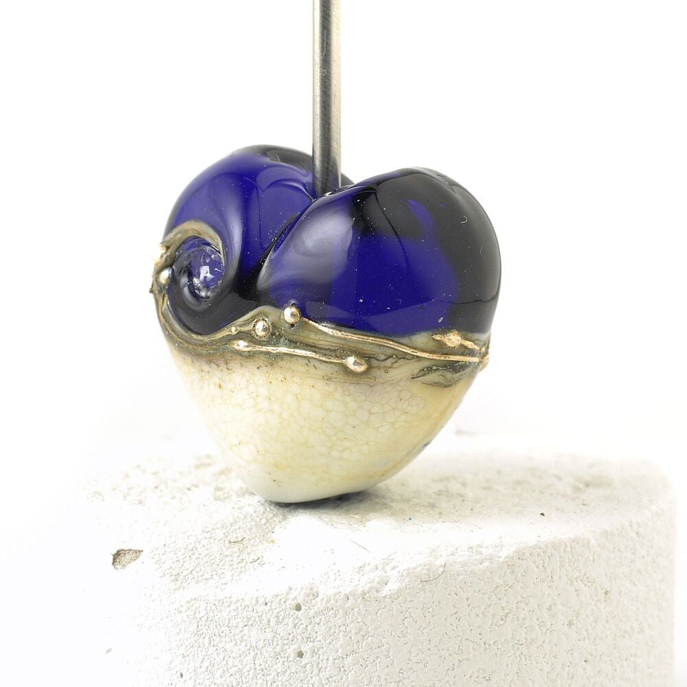 Silvered Cobalt Blue Lampwork Glass Heart Focal Bead