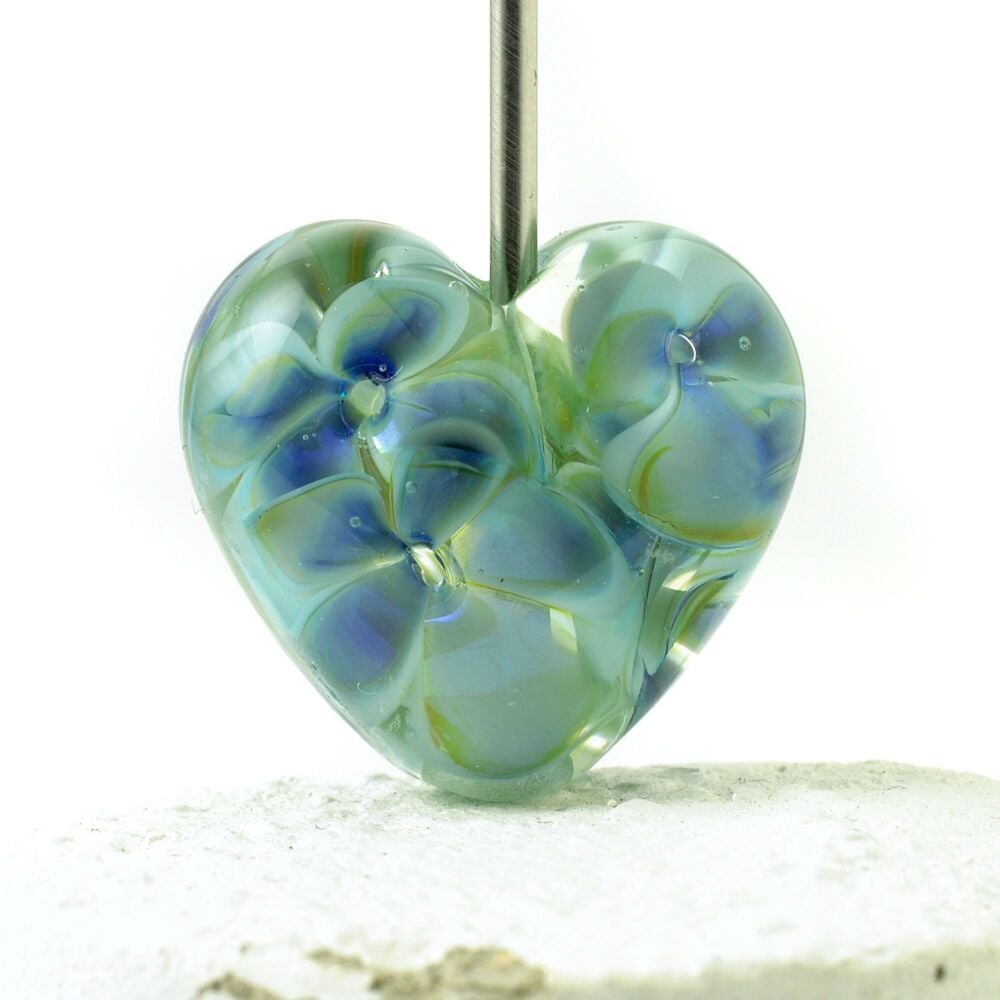 Sky Blue Floral Heart Lampwork Focal Bead