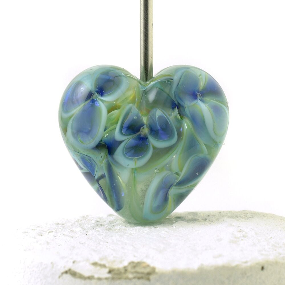 Sky Blue Floral Heart Lampwork Focal Bead