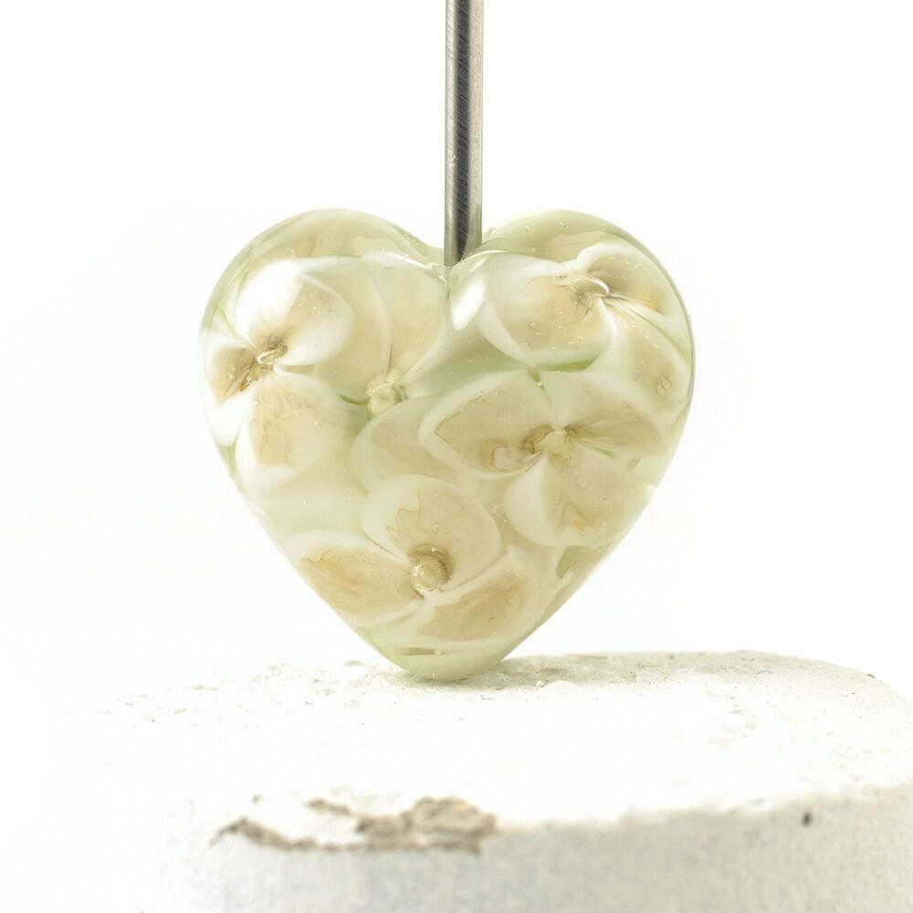 White Blossom Floral Heart Lampwork Focal Bead