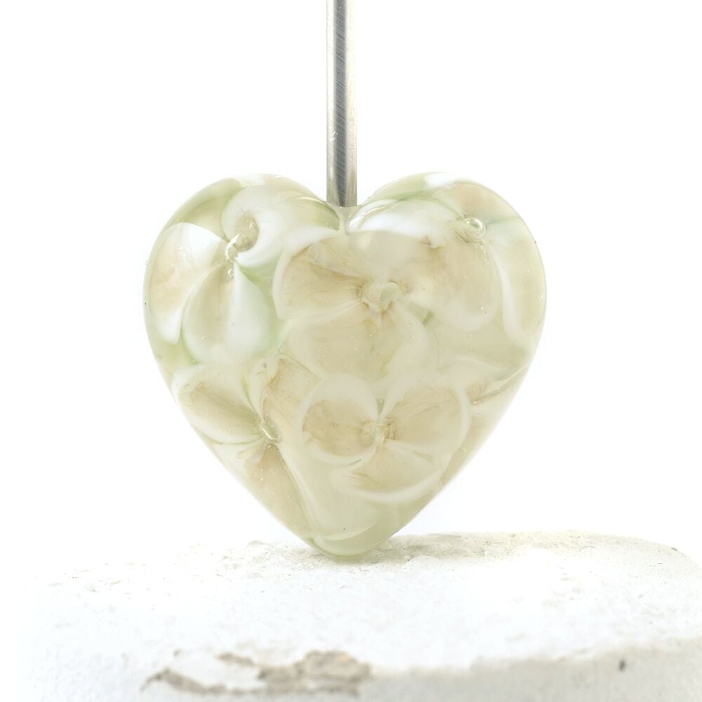 White Blossom Floral Heart Lampwork Focal Bead