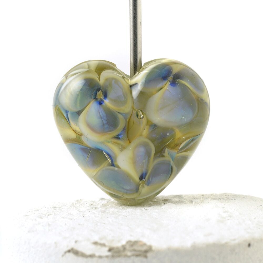 Light Blue Floral Heart Lampwork Focal Bead