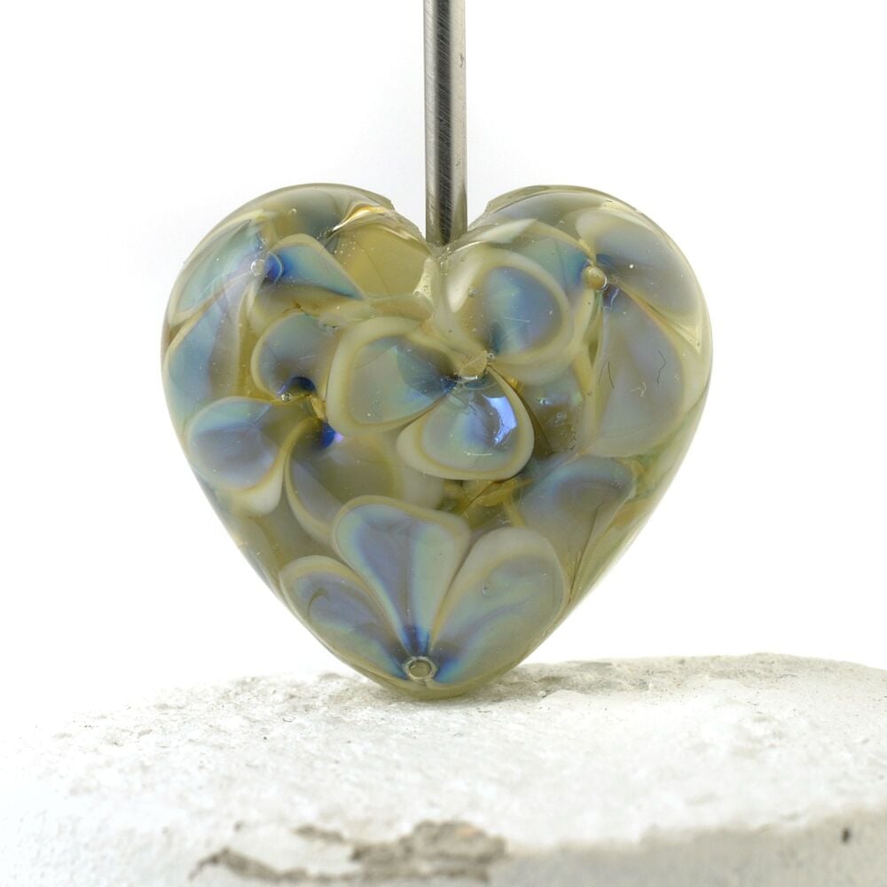 Light Blue Floral Heart Lampwork Focal Bead