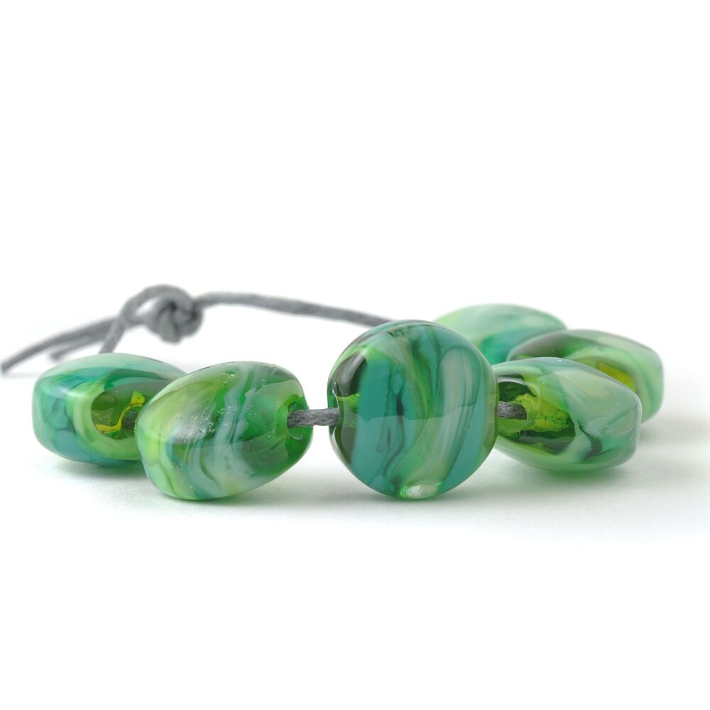 Tropical Green Handmade Lampwork Glass Pressed Bead Set