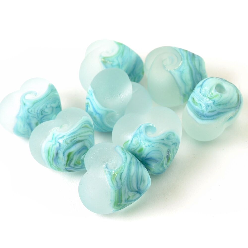 Small Aquamarine Wave Lampwork Glass Heart Bead