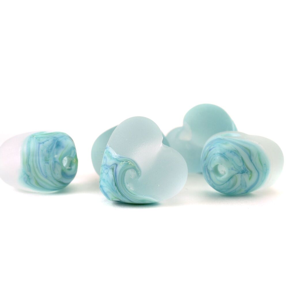 Small Aquamarine Wave Lampwork Glass Heart Bead