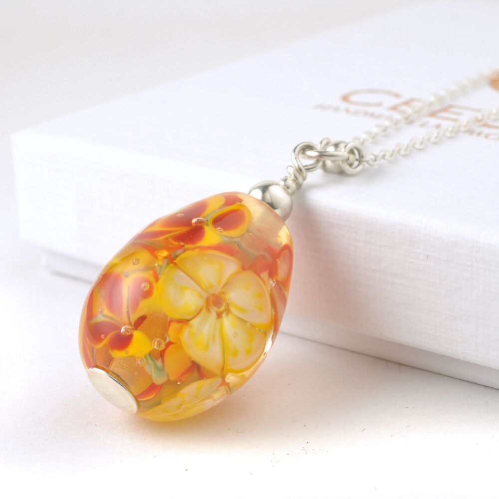 Red and Yellow Long Lampwork Glass Flower Necklace