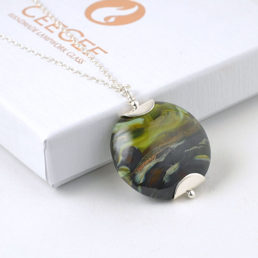 Olive Gold Lampwork Glass Pendant Necklace