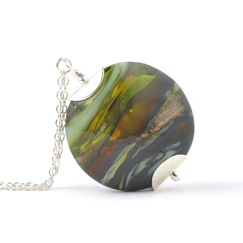 Olive Gold Lampwork Glass Pendant Necklace