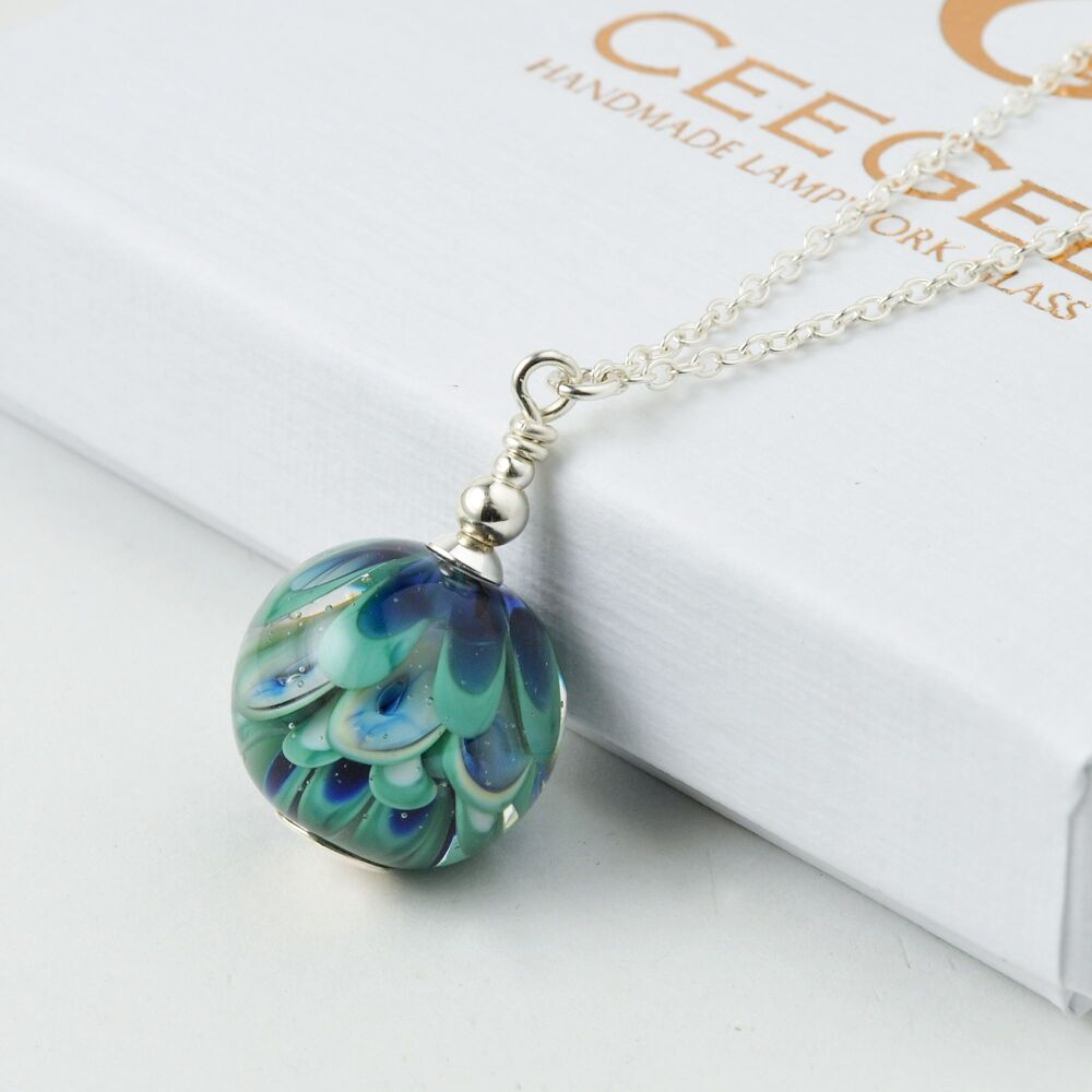 Teal Blue Bubbles Lampwork Glass Necklace