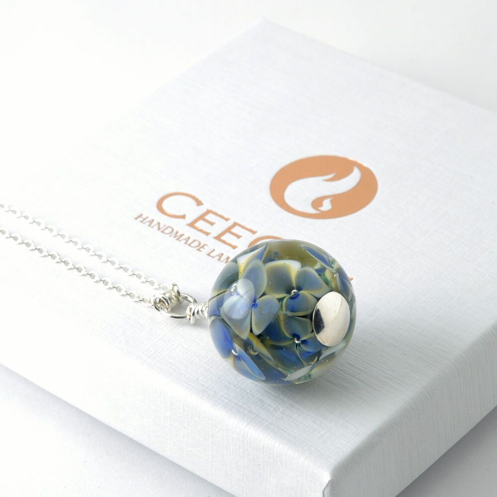 Inky Blue Long Lampwork Glass Flower Necklace