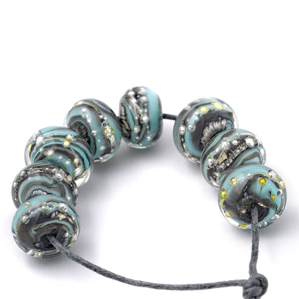 Turquoise Silver Grey Lampwork Glass Bead Set
