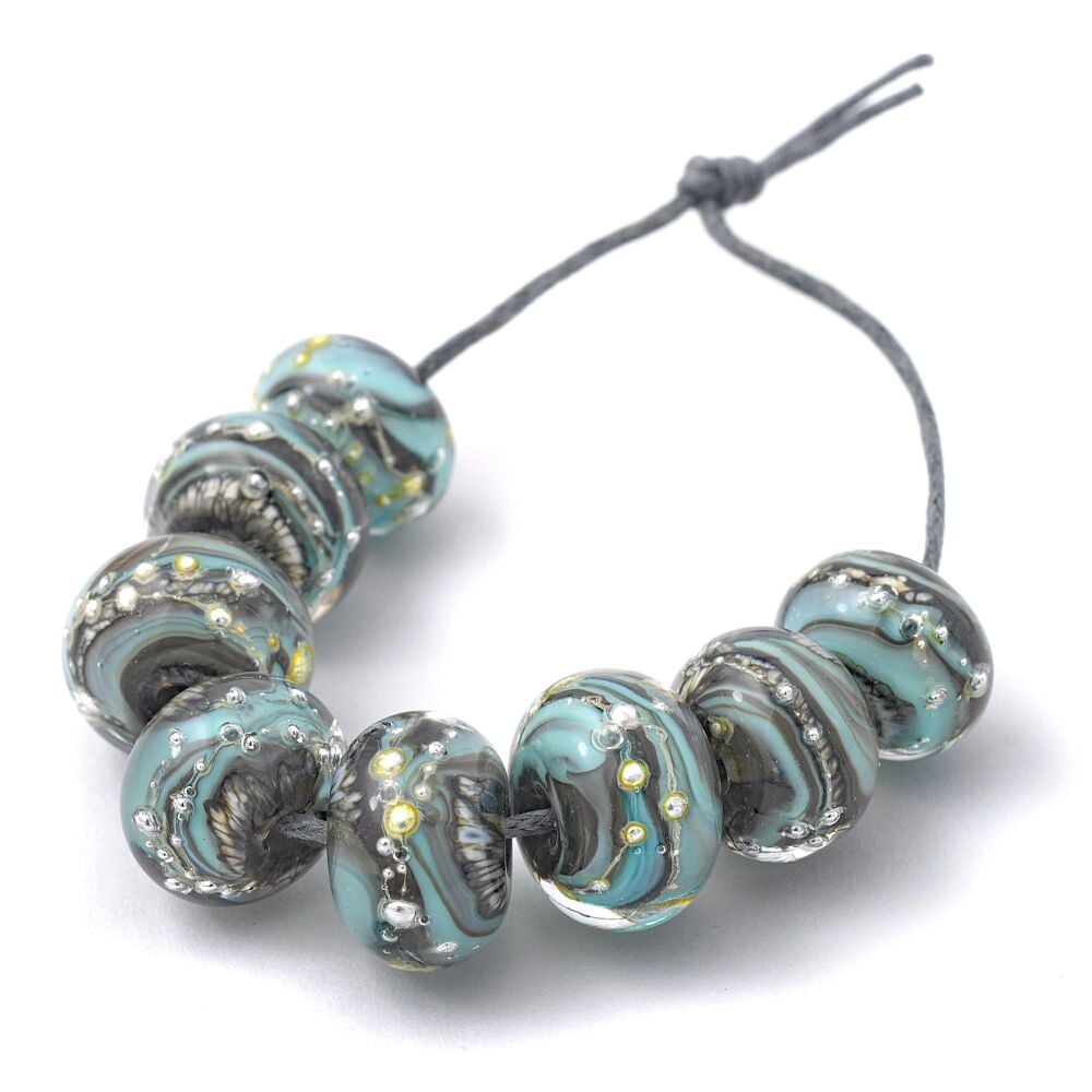 Turquoise Silver Grey Lampwork Glass Bead Set
