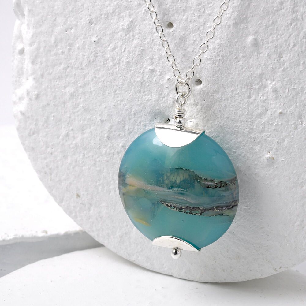 Opaque Blue Lampwork Glass Landscape Pendant