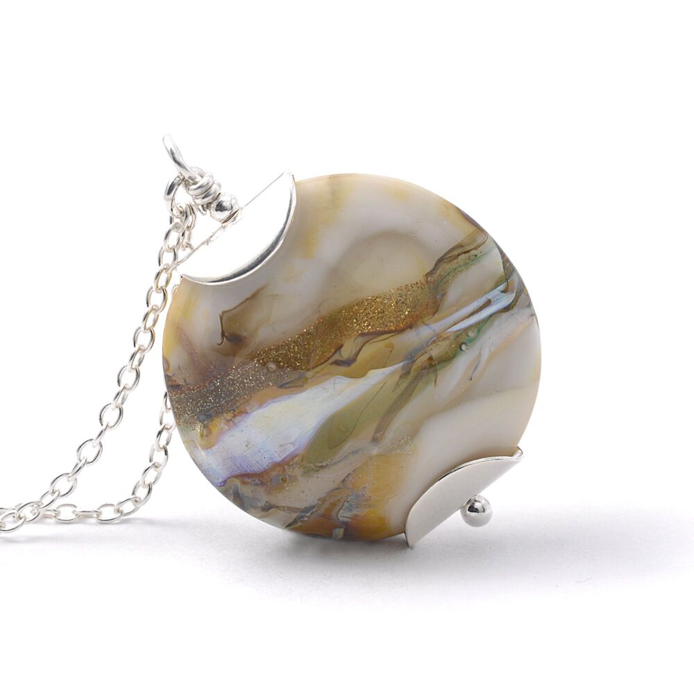 Golden Cream Lampwork Glass Pendant Necklace