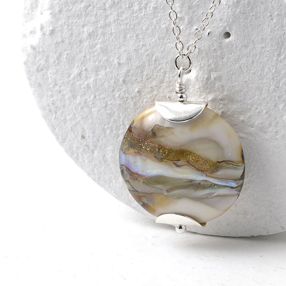 Golden Cream Lampwork Glass Pendant Necklace