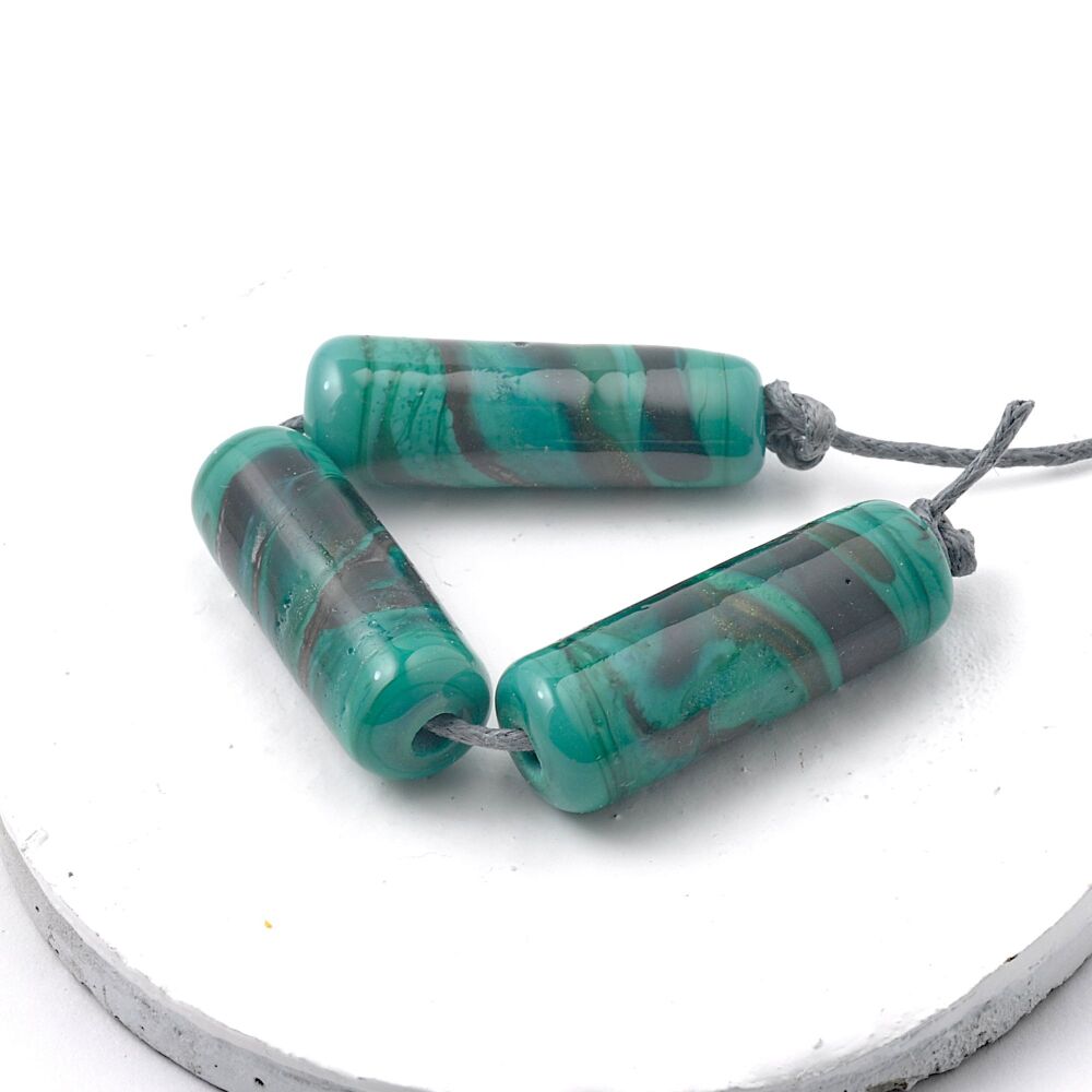Dark Jade Lampwork Glass Barrel Beads