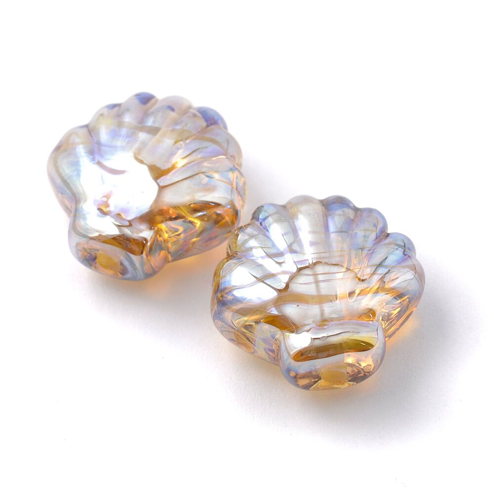 Golden Lampwork Glass Shell Bead Pair