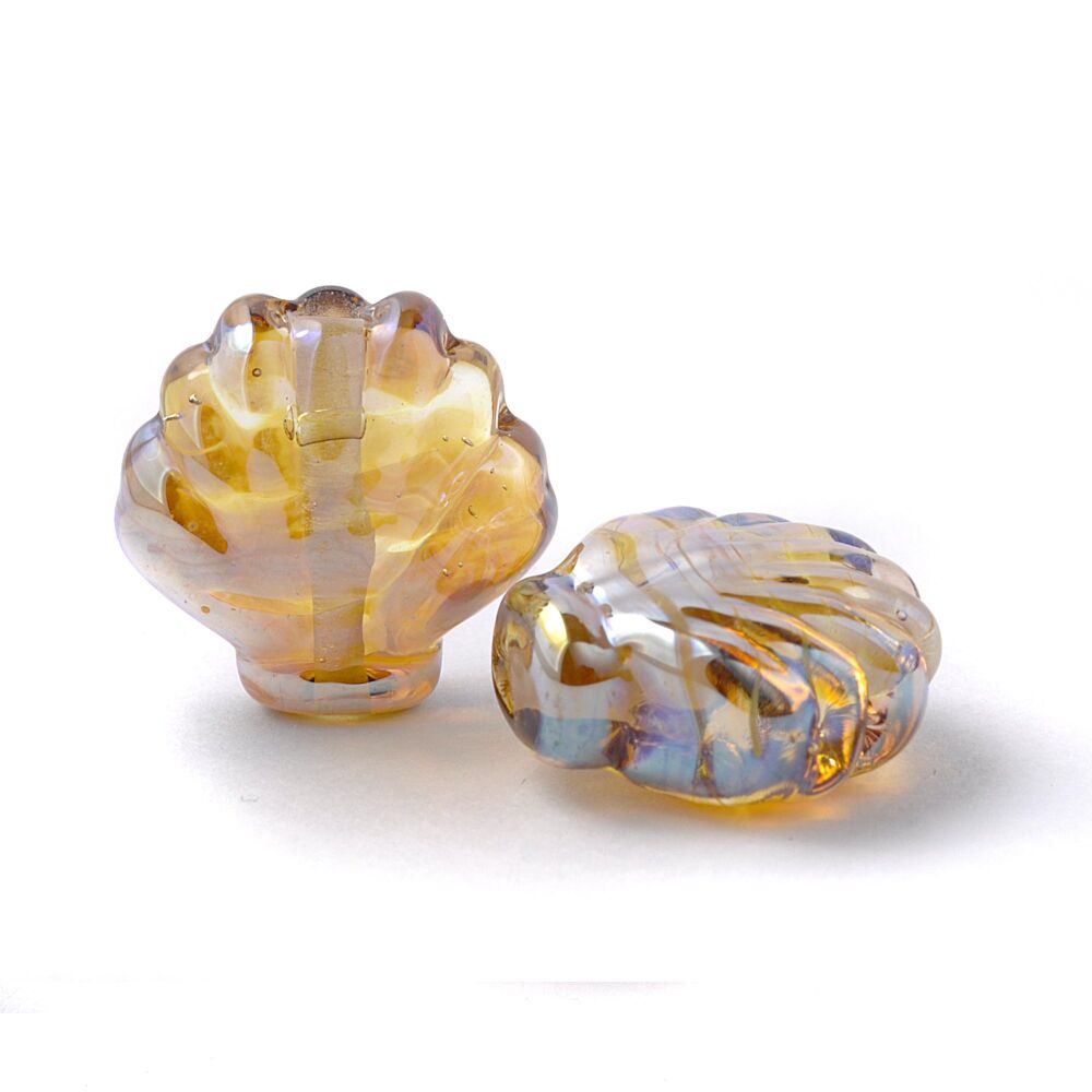 Golden Lampwork Glass Shell Bead Pair
