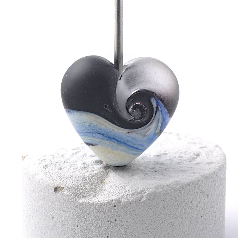 Dark Sea Lampwork Glass Heart Focal Bead