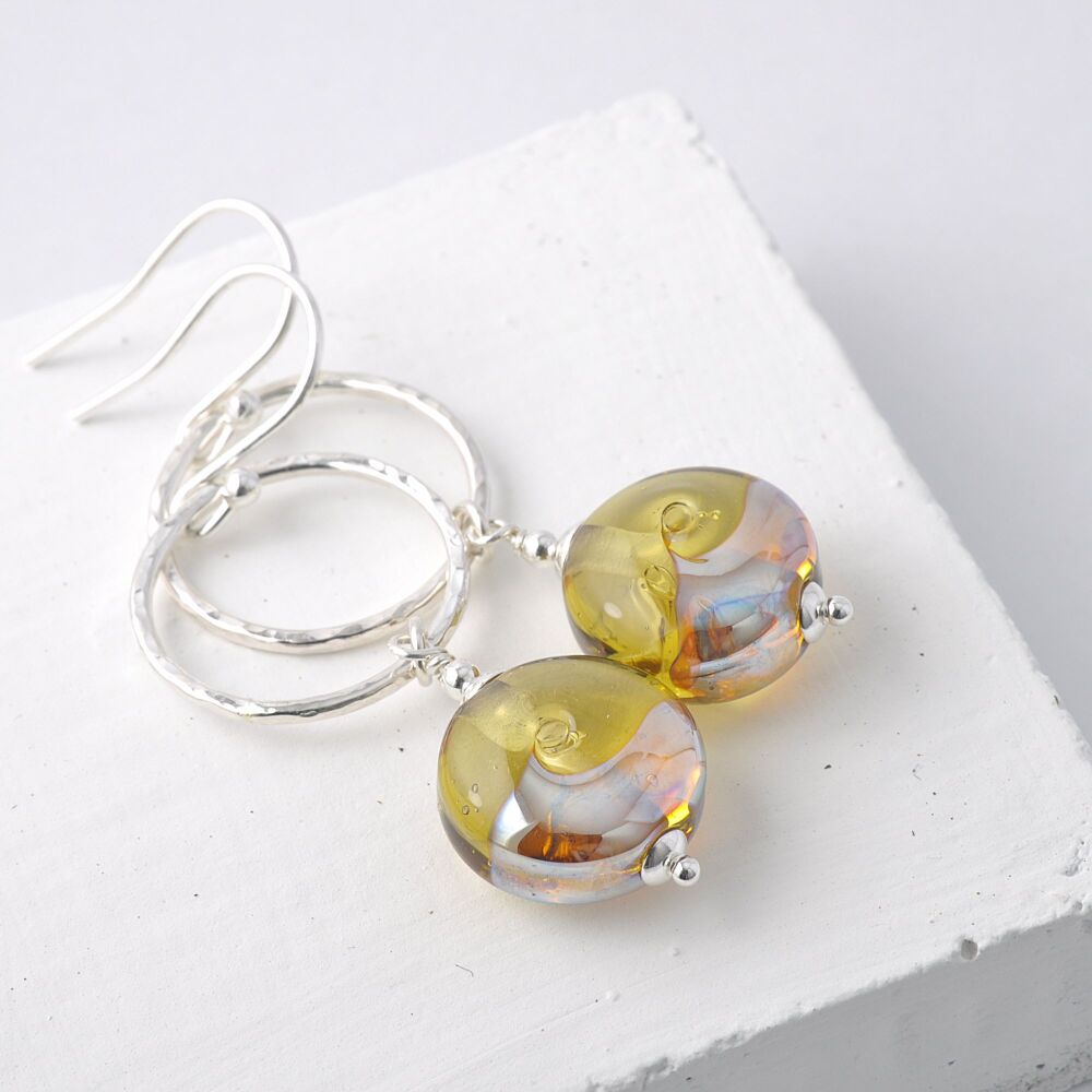 Silver Honey Lampwork Glass Hoop Earrings