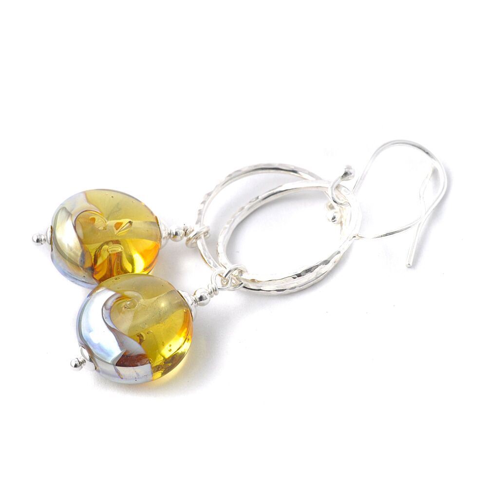 Silver Honey Lampwork Glass Hoop Earrings