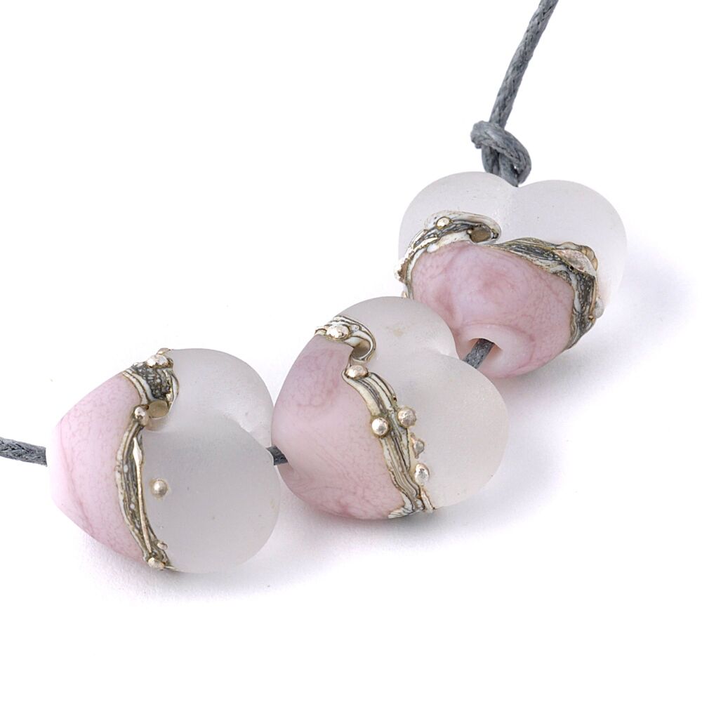 Small Silvered Dusky Pink Lampwork Glass Heart Bead Set