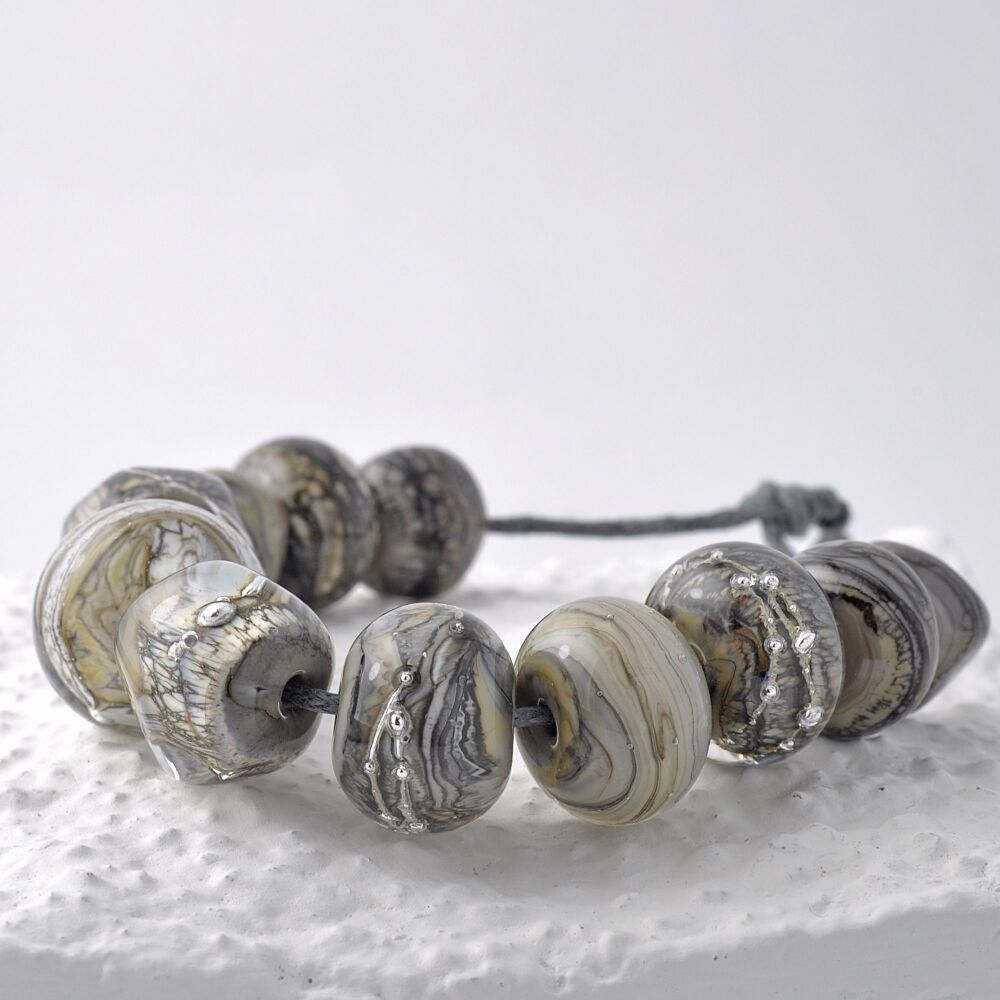 Silvered Stones Handmade Lampwork Glass Mixed Bead Set