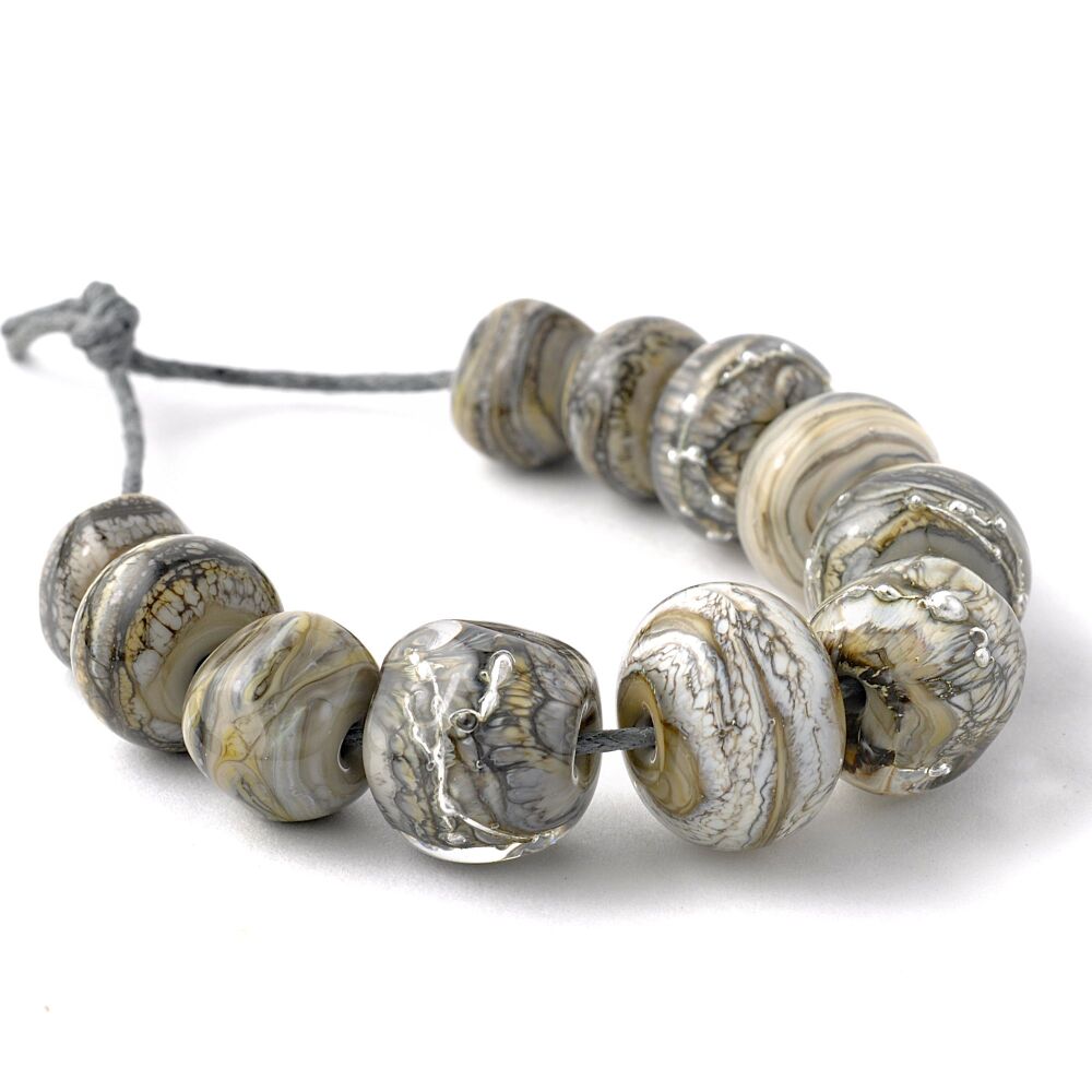Silvered Stones Handmade Lampwork Glass Mixed Bead Set