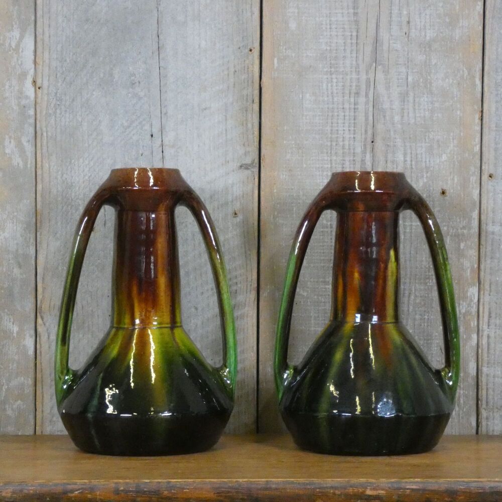 Pair of Antique Art Pottery Twin Handled Vases
