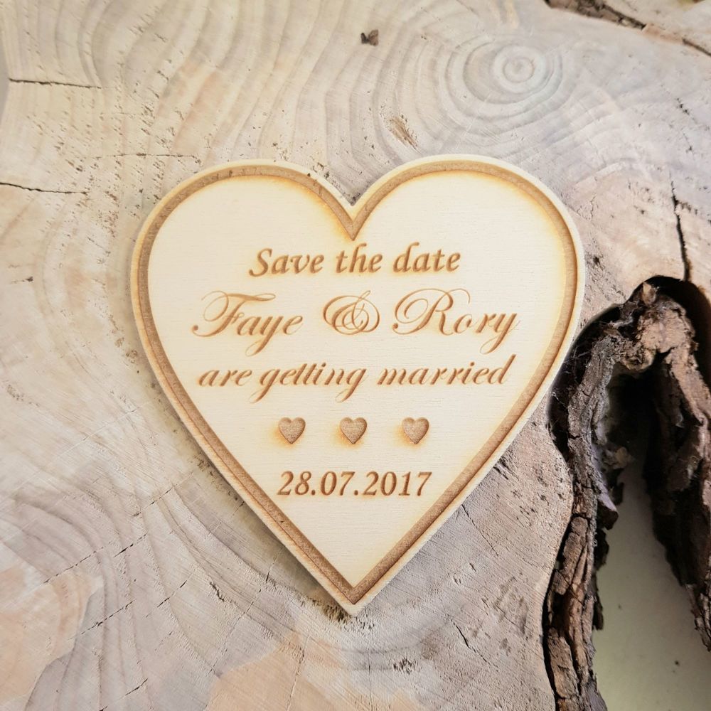 Personalised heart save the date wood