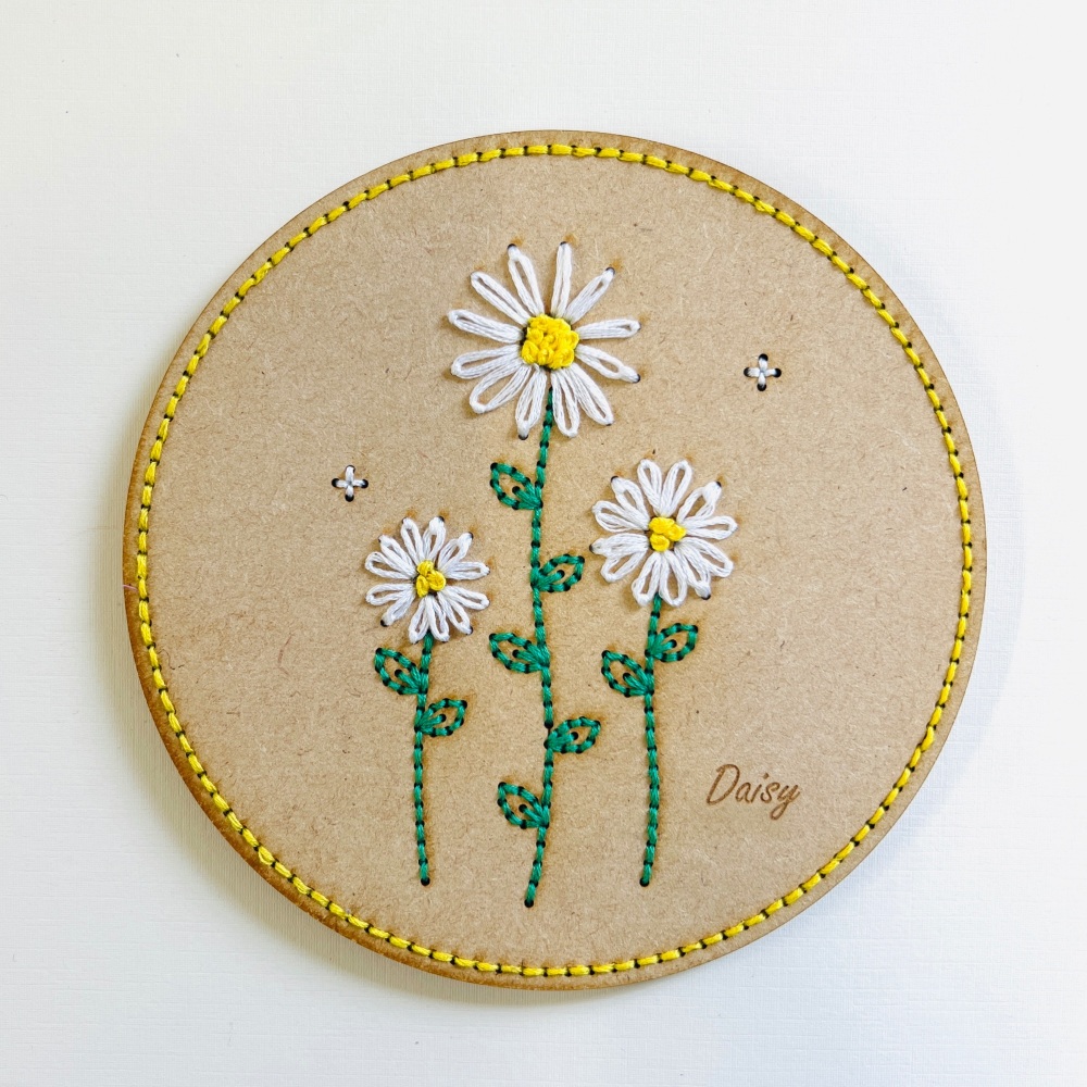 Daisy Embroidery on Wood