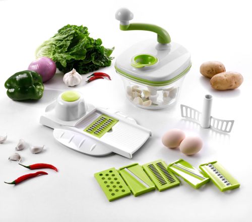 2 PIECE HANDHELD GRATER AND CHOPPER / MIXER WITH BOWL - INCL 6 CHOPPING/GRATING ATTACHMENTS