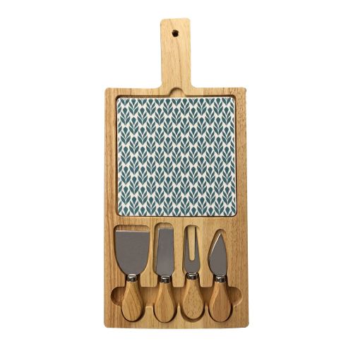 SCANDI RECTANGULAR TEAL MONO FLOWER CHEESE BOARD & KNIFE SET 