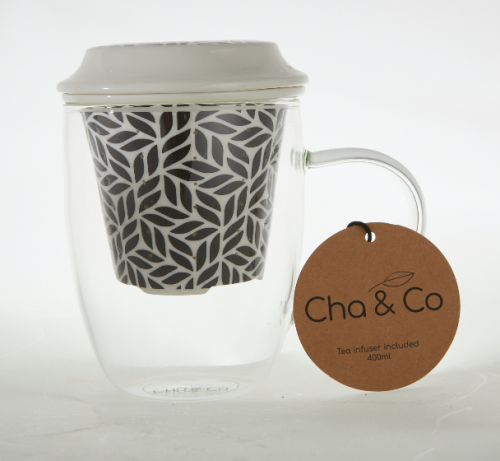 CHA PETAL PRINT GLASS INFUSER MUG