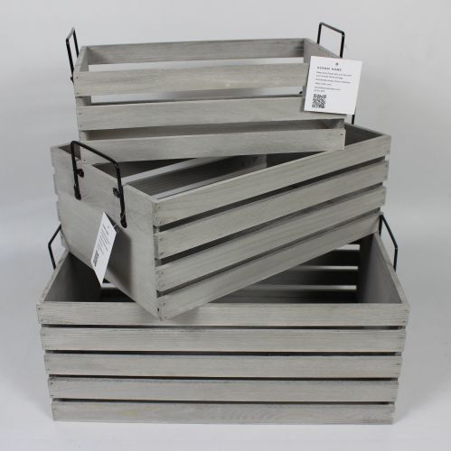 Scandi Home Small Grey Pine Slatted Handle Crate
