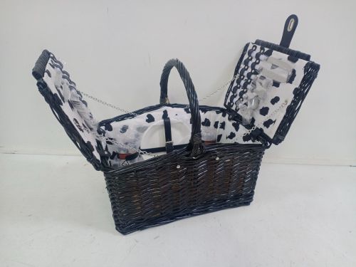 4 Person Picnic Basket - Black and White Spot/Black