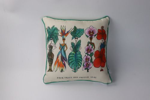 Piped Charlotte Posner Palm Trees and Crystal Seas Cushion