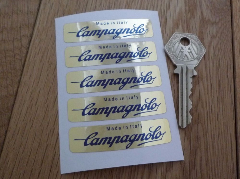 Campagnolo Made In Italy Wheel Stickers Set of 5. Dark Blue on Gold Foil. 2.25".