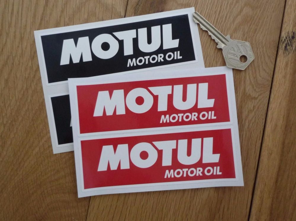 Motul Motor Oil White On Red/Black Oblong Stickers. 5" Pair.
