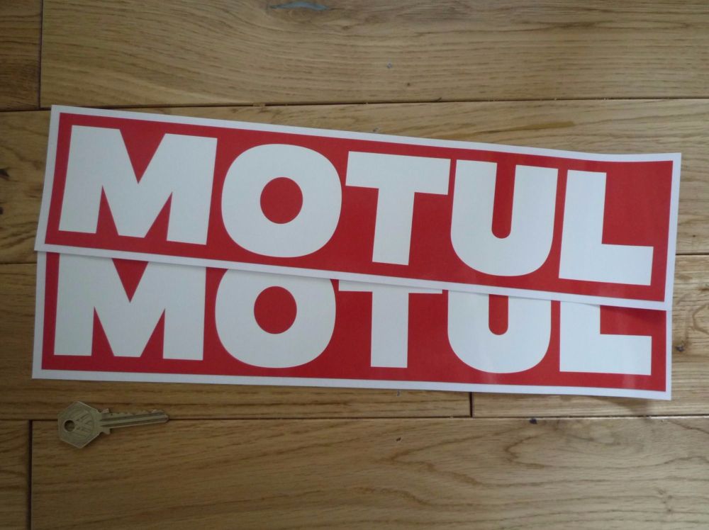 Motul Old Style Plain White on Red Oblong Stickers. 6" Pair.