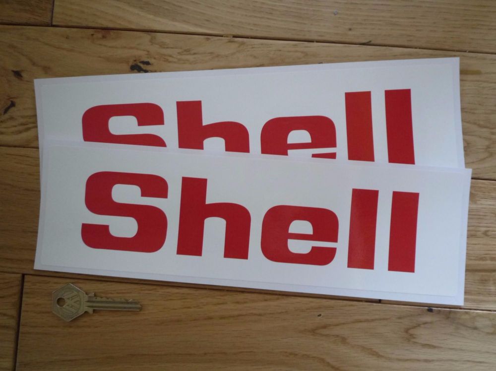 Shell Red on White Angular Text Wide Surround Stickers. 11.5" Pair.