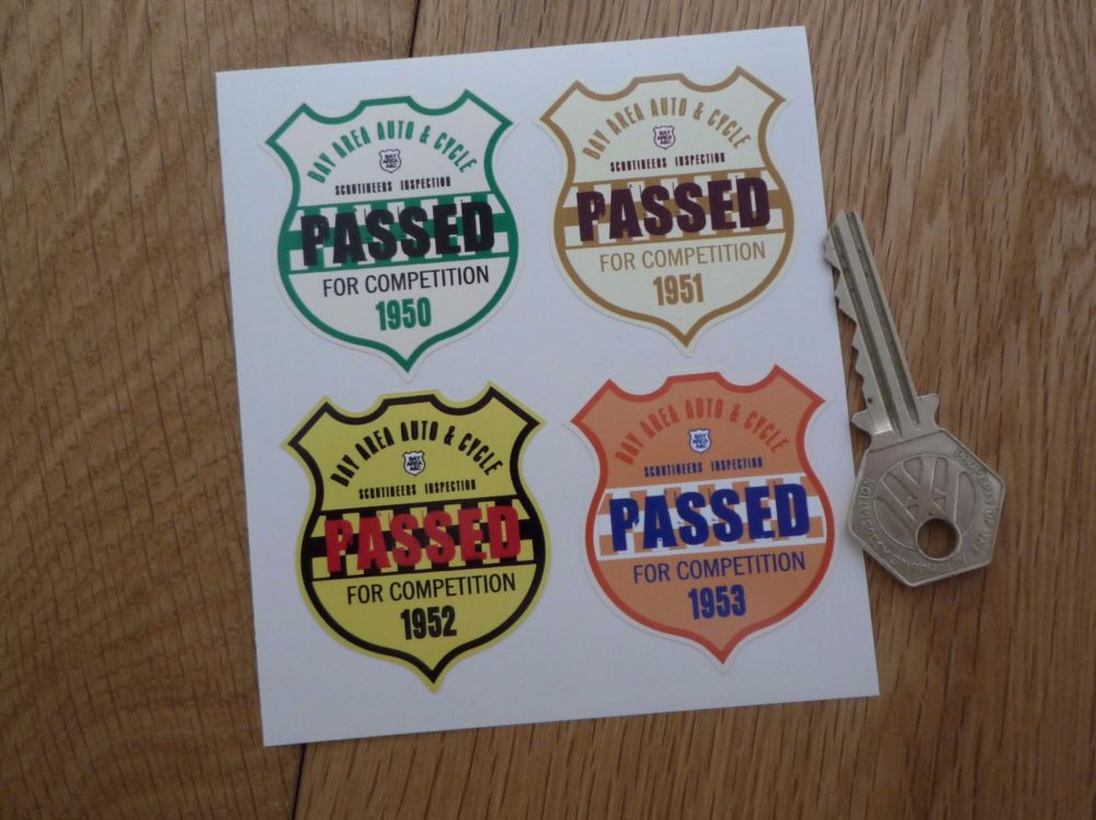Bay Area Auto & Cycle Scrutineers Shield Stickers. 1950 - 1953. Set of 4. 2
