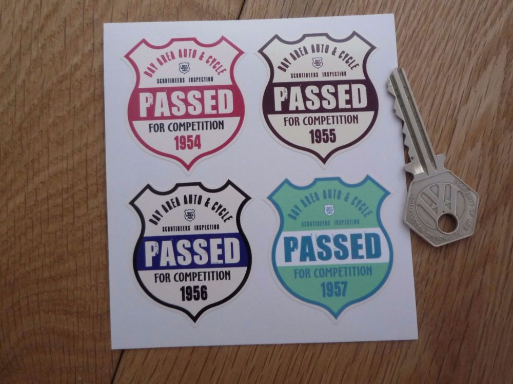 Bay Area Auto & Cycle Scrutineers Shield Stickers. 1954 - 1957. Set of 4. 2".