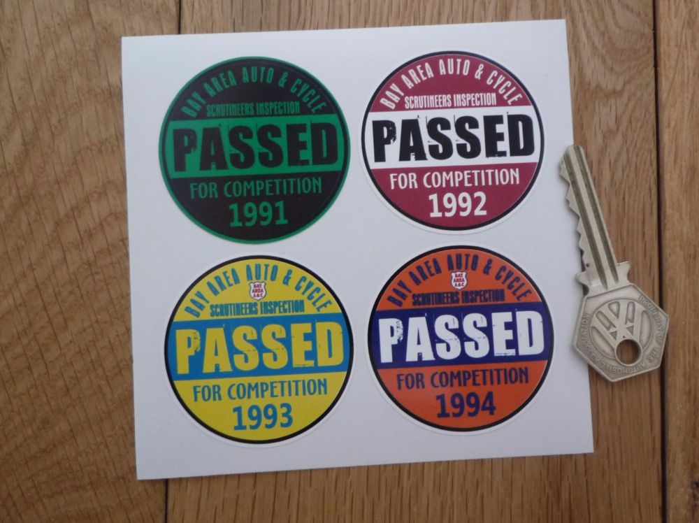 Bay Area Auto & Cycle Scrutineers Stickers. 1991 - 1994. Set of 4. 2