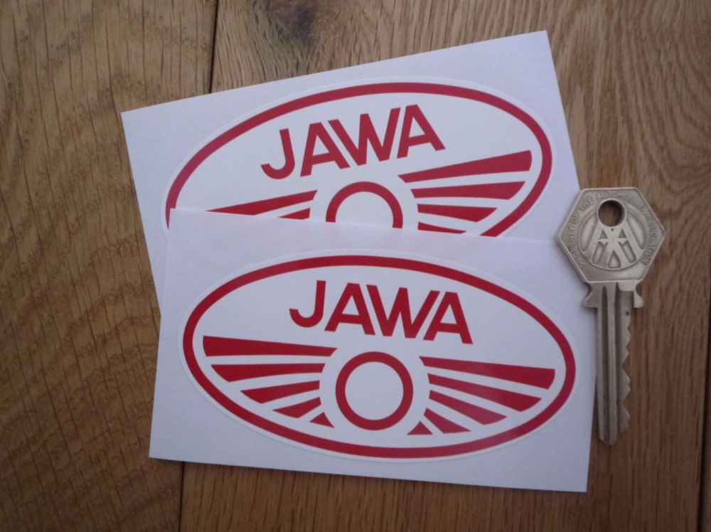 Jawa Red & White Oval Stickers. 4" Pair.